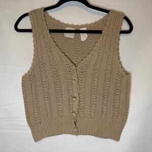 Moda International Knitted Vest Tan Crop Crochet Grandmacore Cottage Small